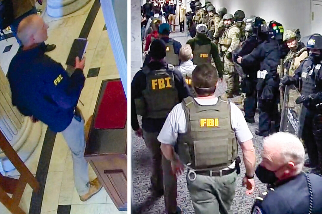 Một đặc vụ FBI (trái) phản ứng sau vụ bắn cô Ashli Babbitt tại Tòa nhà Quốc hội Hoa Kỳ. Các đặc vụ FBI (phải) hộ tống các thượng nghị sĩ từ Tòa nhà Văn phòng Thượng viện Hart đến Tòa nhà Quốc hội vào ngày 06/01/2021. (Ảnh: Cảnh sát Quốc hội Hoa Kỳ/Minh họa của The Epoch Times)