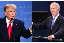 (Bên trái) Tổng thống Donald Trump tham gia cuộc tranh biện tổng thống chung cuộc với ứng cử viên tổng thống của Đảng Dân Chủ Joe Biden tại Đại học Belmont ở Nashville, Tennessee, hôm 22/10/2020. (Bên phải) Ứng cử viên tổng thống của Đảng Dân Chủ Joe Biden tham gia cuộc tranh biện tổng thống chung cuộc với Tổng thống Donald Trump tại Đại học Belmont ở Nashville, Tennessee, hôm 22/10/2020. (Ảnh: Justin Sullivan, Chip Somodevilla/Getty Images)