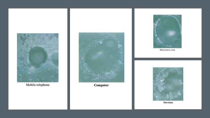 Hình 6-10 Sự kết tinh của nước khi đặt cạnh TV, máy tính, điện thoại di động hoặc lò vi sóng. (Ảnh: Nước biết câu trả lời)