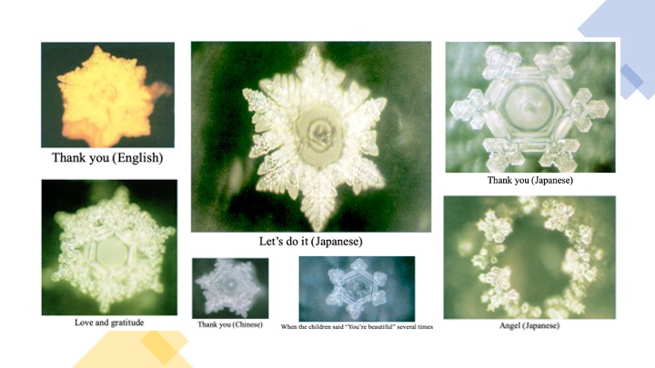 Hình 6-11: Khi trên giấy bọc bên ngoài chai nước viết những thông điệp đẹp đẽ, tinh thể nước thường rất đẹp. (Ảnh: Nước biết câu trả lời)