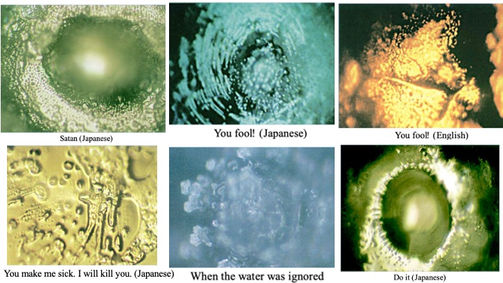 Hình 6-12: Khi trên giấy bọc bên ngoài chai nước viết những thông điệp tiêu cực hoặc không tử tế, tinh thể nước thường bị méo mó, xấu xí. (Ảnh: Nước biết câu trả lời)