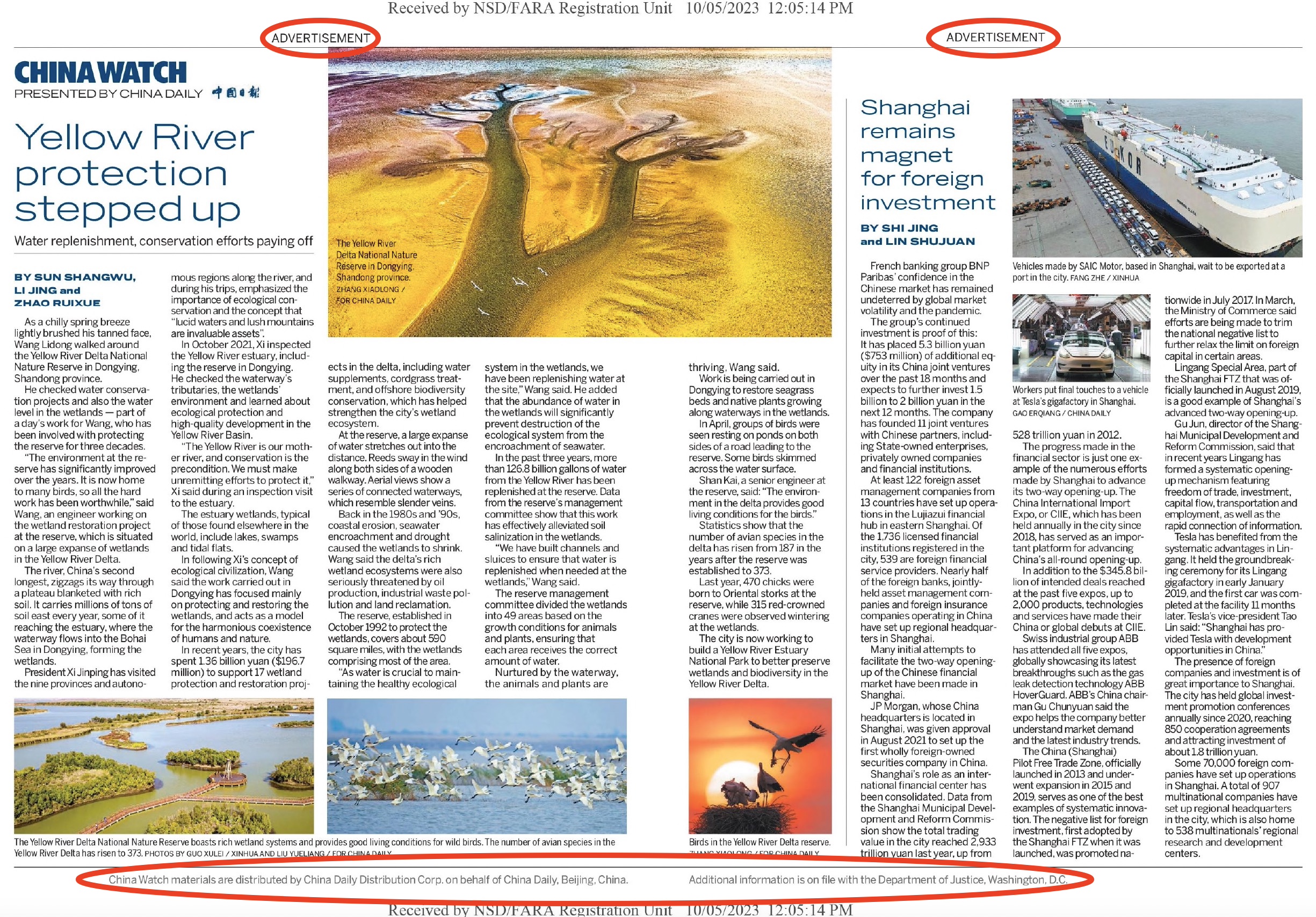 Bộ Tư pháp nhận được bản tin tức điện tử của China Daily đăng trên Tạp chí Times vào ngày 05/10/2023, ở đầu và cuối trang báo được đánh dấu là “quảng cáo.” “Dữ liệu của ChinaWatch được phát hành bởi công ty phát hành China Daily đại diện cho China Daily tại Bắc Kinh, Trung Quốc. Nhiều thông tin hơn nữa được lưu trữ tại Bộ Tư pháp ở Hoa Thịnh Đốn, Hoa Kỳ.” (Ảnh: Màn hình trang web chính thức của Cơ quan Ghi danh FARA thuộc Bộ Tư pháp Hoa Kỳ/The Epoch Times tổng hợp)