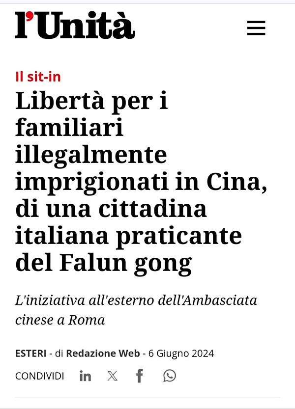 Tờ báo L’Unità của Ý đăng tải bức thư ngỏ công khai của bà Triệu Lý Lực. (Ảnh: Minh Huệ Net)