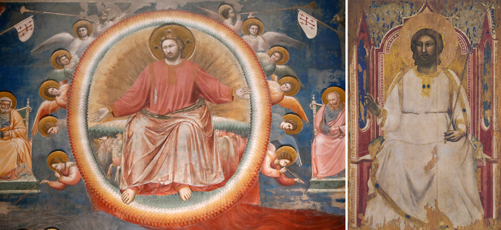 (Trái) Cận cảnh Đấng Christ trong bức tranh “Last Judgment” (Phán Xét Cuối Cùng) (Ảnh: godongphoto/Shutterstock), và bức tranh “God the Father” (Đức Chúa Cha). (Ảnh: Haltadefinizione/CC BY-SA 4.0 DEED)