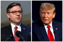 (Trái) Chủ tịch Hạ viện Mike Johnson (Cộng Hòa-Louisiana) tại Tòa nhà Quốc hội Hoa Kỳ ở Hoa Thịnh Đốn, hôm 15/02/2024. (Phải) Cựu Tổng thống Donald Trump nói tại một buổi tiếp xúc cử tri của Fox News ở Greenville, South Carolina, hôm 20/02/2024. (Ảnh: Kevin Dietsch, Justin Sullivan/Getty Images)