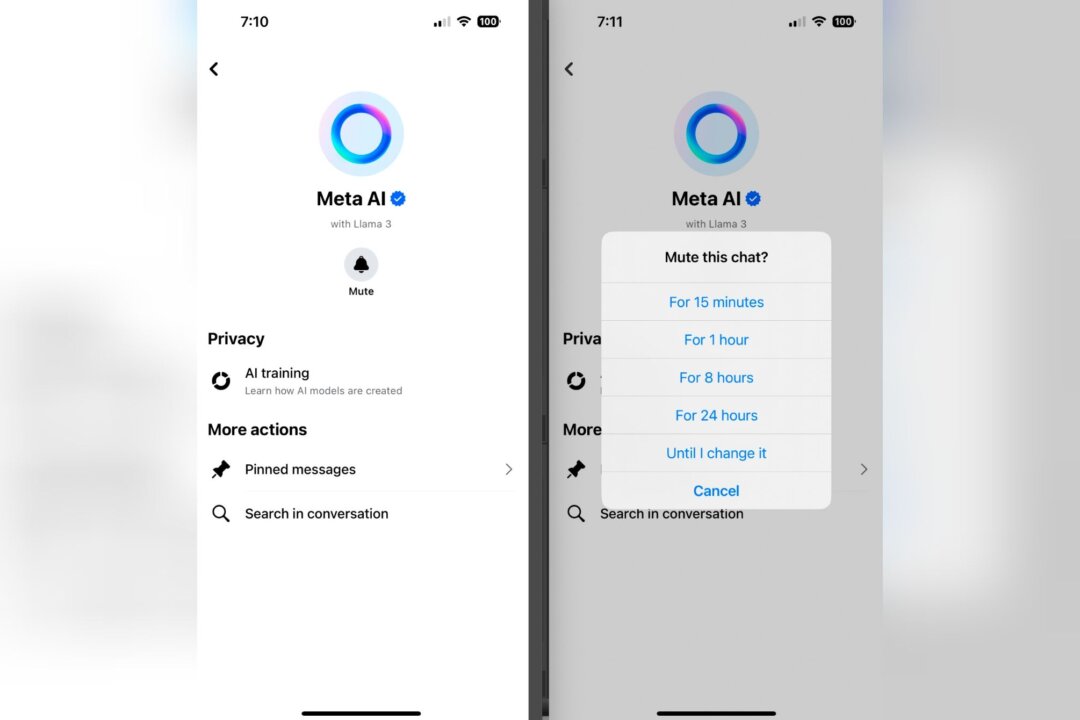 Hai bức ảnh chụp màn hình được chụp từ điện thoại thông minh hôm 30/05/2024, chỉ dẫn các bước cần thiết để tắt tiếng chatbot “Hỏi Meta AI bất cứ điều gì” trên ứng dụng Facebook và Instagram. (Ảnh: The Canada Press/AP)