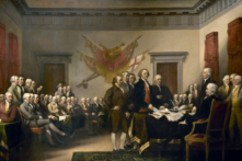 Bức tranh “Tuyên Ngôn Độc Lập, ngày 04/07/1776,” khoảng năm 1792, họa sỹ John Trumbull. Sơn dầu trên vải canvas. Kích thước 53cm x 78.7cm. Thuộc Bộ sưu tập Trumbull đến năm 1832. Phòng Trưng bày Nghệ thuật Đại học Yale, New Haven, Connecticut. (Ảnh: Tư liệu công cộng)