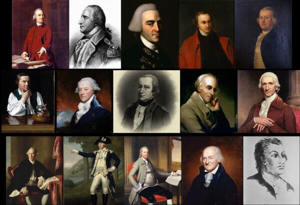 Các thành viên của “Những Người Con của Tự Do” (Sons of Liberty): Hàng đầu: Chính trị gia Samuel Adams, Sỹ quan Benedict Arnold, Thương gia John Hancock, Chính trị gia Patrick Henry, Luật sư James Otis Jr. Hàng thứ hai: Sỹ quan Paul Revere, Nhà tài chính James Swan, Thương gia Alexander McDougall, Bác sỹ Benjamin Rush, Thư ký Charles Thomson. Hàng thứ ba: Bác sỹ Joseph Warren, Đại tá Marinus Willett, Chính trị gia Oliver Wolcott, Chính trị gia Christopher Gadsden, Doanh nhân Haym Salomon. (Ảnh: Tư liệu công cộng)