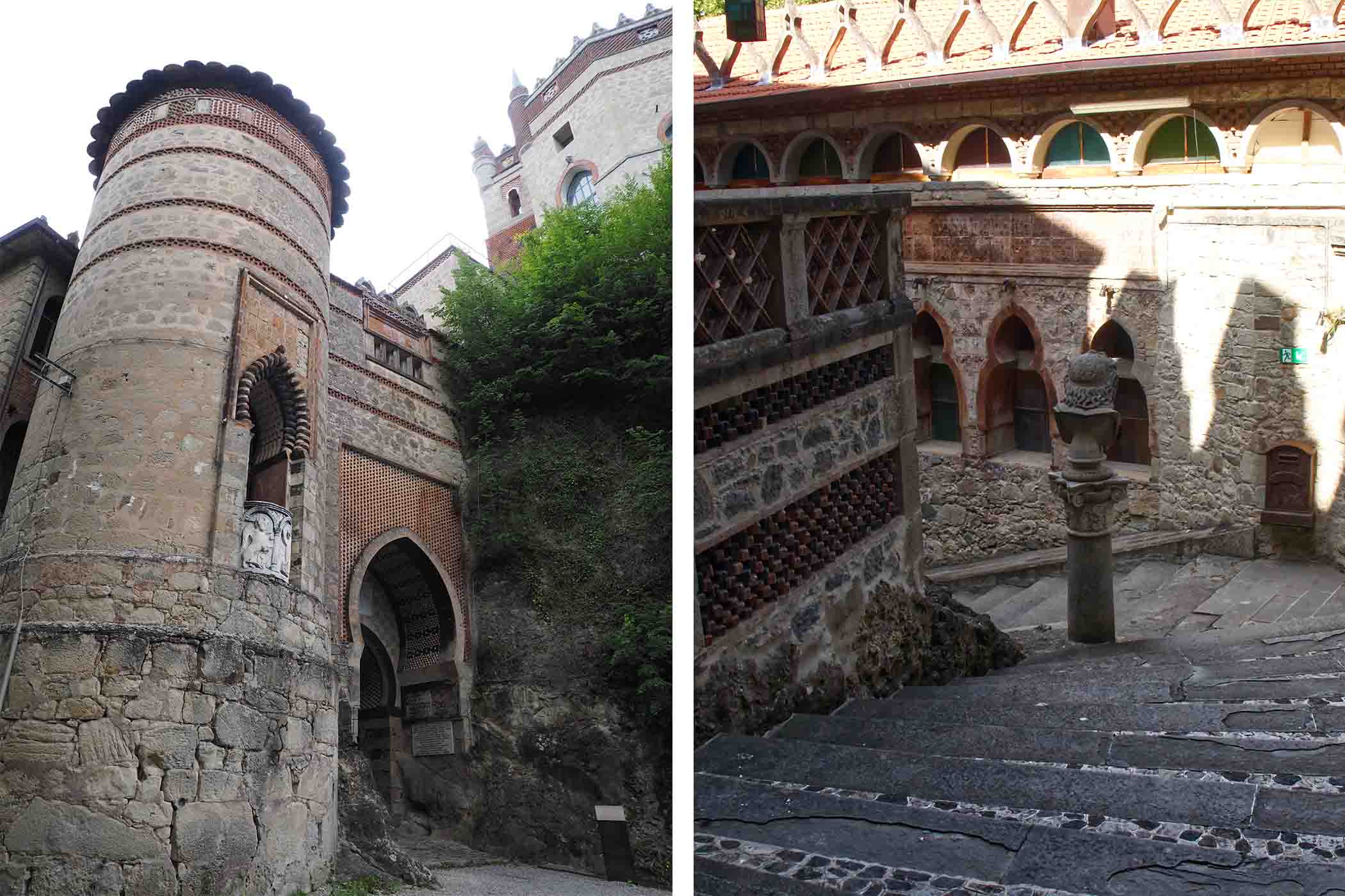 (Trái) Cổng vào Pháo đài Rocchetta Mattei. (Ảnh: Gaia Conventi/Shutterstock); (Phải) Các bậc thềm dẫn vào tiền sảnh. (Ảnh: Claudio Caridi/Shutterstock)