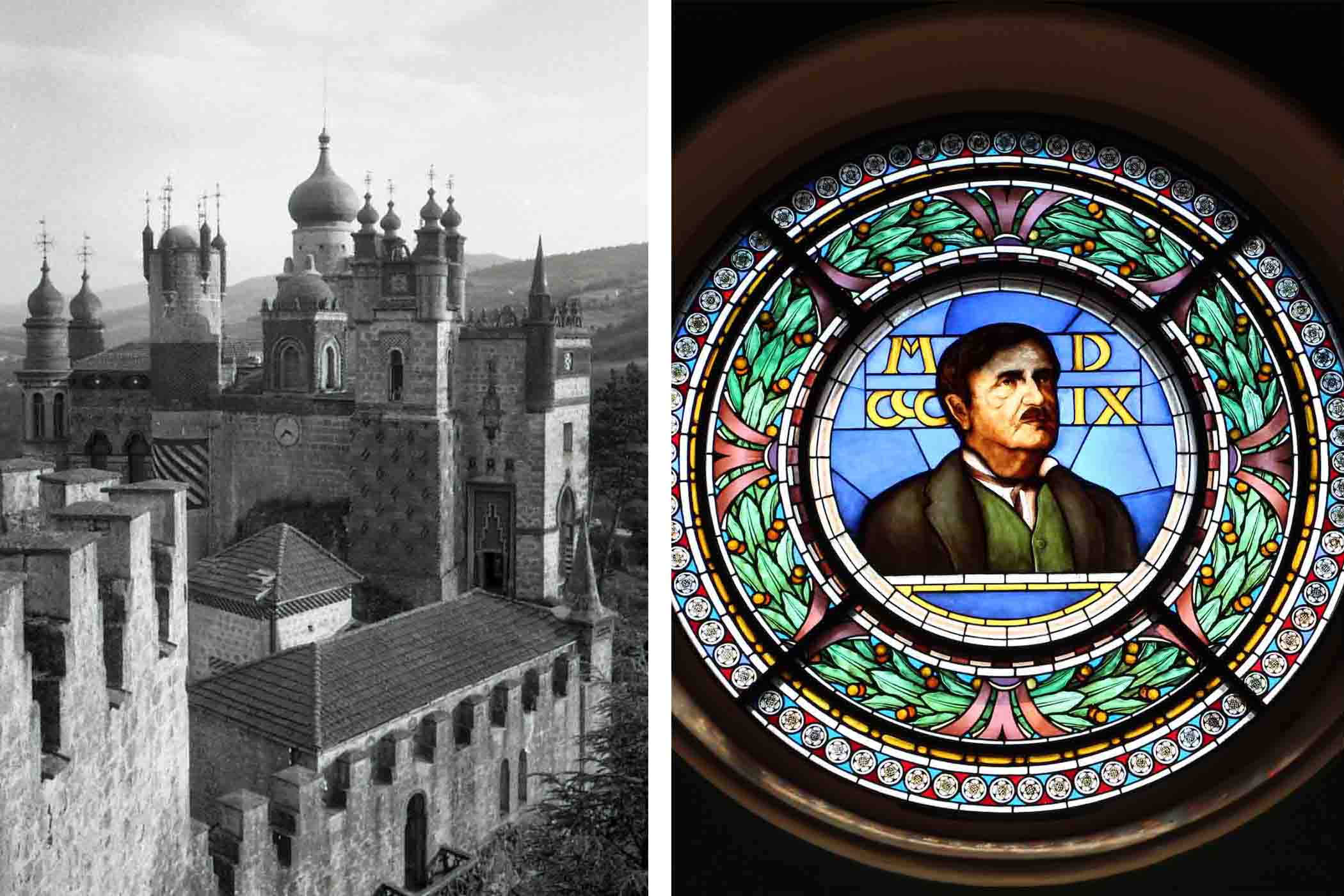 (Ảnh trái) Lâu đài vào năm 1956. (Ảnh: BEIC/ CC BY-SA 4.0); (Ảnh phải) Bức chân dung bằng kính màu của Bá tước Cesare Mattei. (Ảnh: Sailko/CC BY 3.0 DEED)