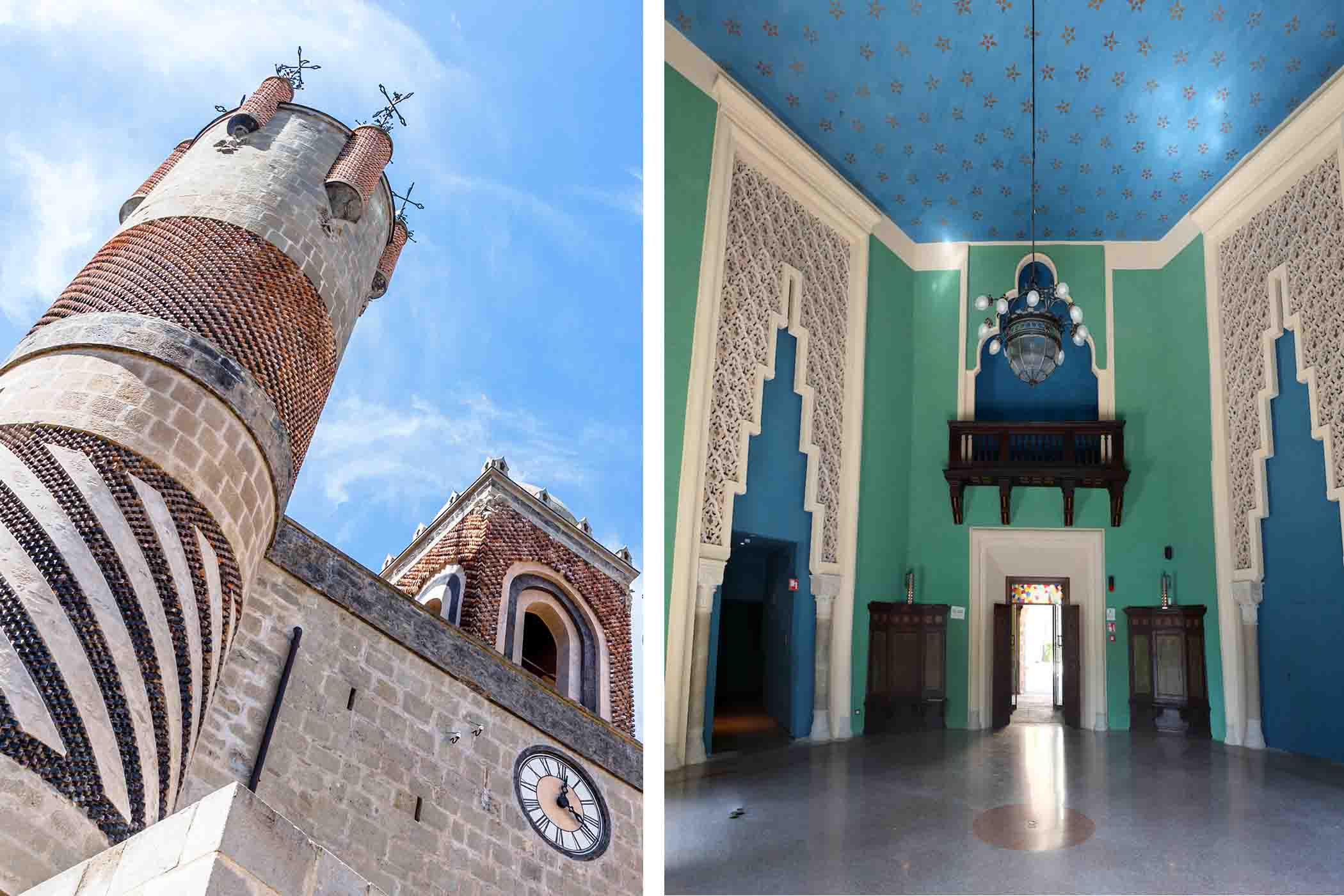 Quang cảnh các tòa tháp và mặt tiền nhìn từ bên trong nhưng bức tường của Pháo đài Rocchetta Mattei. (Ảnh: Gabbiere/Shutterstock); (Ảnh nhỏ) Căn phòng Chín Mươi thể hiện lối kiến trúc Tự do. (Ảnh: Sailko / CC BY 3.0 DEED).