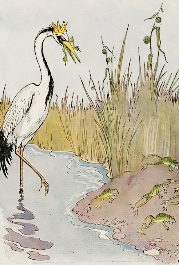 Tranh minh họa “The Frogs Who Wished for a King” (Ếch Đòi Có Vua) của họa sỹ Milo Winter, từ tác phẩm “The Aesop for Children” (Truyện Ngụ Ngôn Aesop Dành Cho Trẻ Em), năm 1919. (Ảnh: PD-US)