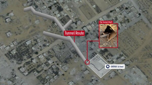 Bản đồ đường hầm mà Lực lượng Phòng vệ Israel phát hiện ra ở Rafah, miền nam Gaza hồi cuối tháng 06/2024. Tuyến đường dài 500m chạy qua gần một trường học của Cơ quan Cứu trợ và Việc làm dành cho Palestine của Liên Hiệp Quốc, IDF cho biết (Ảnh: IDF)