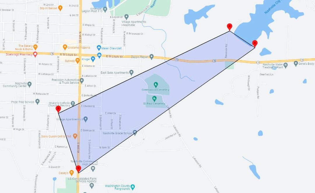 Bản đồ do Cơ quan Quản lý Tình trạng Khẩn cấp quận Washington đăng tải cho thấy khu vực sơ tán trong bối cảnh đập sắp vỡ ở Nashville, Illinois, hôm 16/07/2024. (Ảnh: Cơ quan Quản lý Tình trạng Khẩn cấp quận Washington)