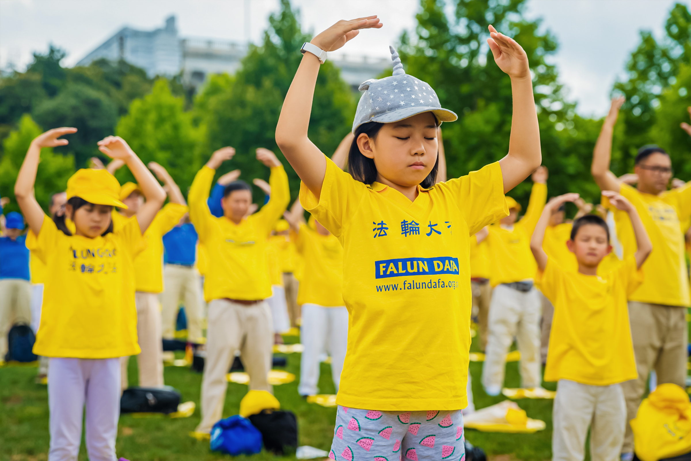 Các học viên Pháp Luân Công tập các bài công pháp tại một lễ mít tinh tưởng niệm 20 năm cuộc bức hại Pháp Luân Công ở Trung Quốc, trên bãi cỏ phía tây của Capitol Hill, vào ngày 18/07/2019. (Ảnh: Mark Zou/The Epoch Times)